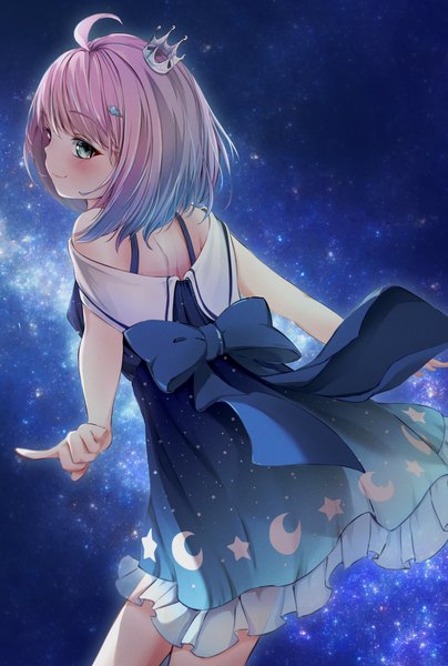 Anime picture 2454x3641 with virtual youtuber hololive himemori luna himemori luna (3rd costume) kurony (sirony) single tall image blush highres short hair smile green eyes pink hair ahoge from behind turning head official alternate costume milky way girl dress
