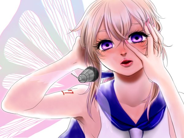 Anime picture 1600x1200 with utau migikata no chou (vocaloid) sou77 tatsupo single open mouth blonde hair purple eyes bare shoulders lips tattoo girl uniform school uniform wings microphone