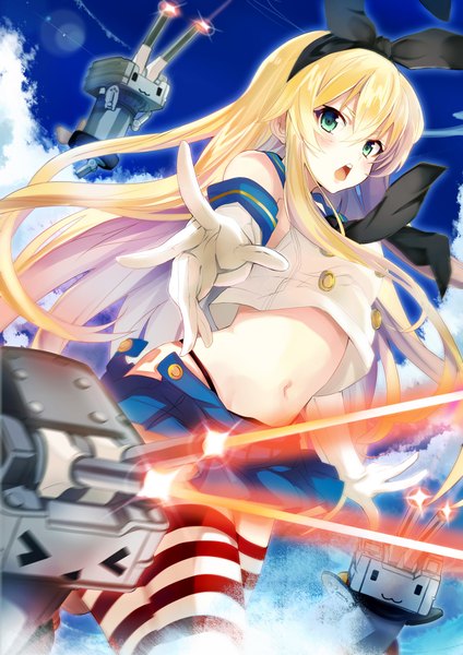 Anime picture 1500x2122 with kantai collection shimakaze destroyer rensouhou-chan kagura kurosaki single long hair tall image looking at viewer blush open mouth blue eyes blonde hair > < girl thighhighs skirt gloves navel bow weapon