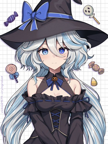 Anime picture 1200x1600 with genshin impact furina (genshin impact) vickie (cryingrobot) single long hair tall image looking at viewer fringe blue eyes hair between eyes cleavage silver hair upper body light smile halloween girl hat food sweets witch hat