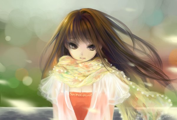 Anime picture 1200x815 with original pokira single long hair fringe brown hair brown eyes looking away light smile wind girl scarf