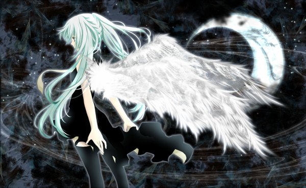 Anime picture 1500x925 with vocaloid hatsune miku aonoe single long hair wide image twintails aqua eyes aqua hair angel wings girl thighhighs dress wings necktie moon