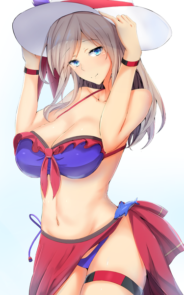 Anime picture 700x1119 with fate (series) fate/grand order miyamoto musashi (fate) chiyo (pk19981234) single long hair tall image looking at viewer blush fringe breasts blue eyes light erotic simple background smile large breasts standing bare shoulders holding cleavage
