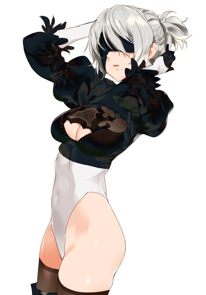 Anime picture 1921x2751 with nier nier:automata yorha no. 2 type b yd (orange maru) single tall image fringe highres short hair light erotic simple background white background silver hair arms up blindfold girl thighhighs black thighhighs leotard