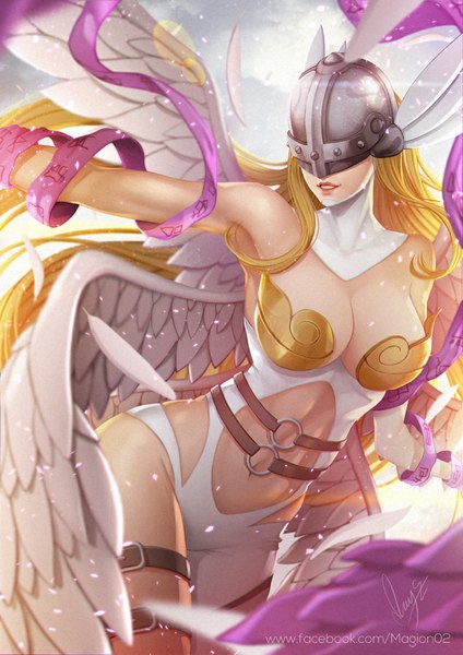 Anime picture 800x1131 with digimon digimon adventure angewomon magion02 single long hair tall image breasts light erotic blonde hair large breasts lips realistic angel wings multiple wings girl navel wings belt thigh strap