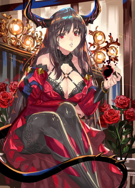 Anime picture 600x835 with original ranou single tall image looking at viewer fringe breasts light erotic black hair red eyes large breasts sitting bare shoulders holding cleavage bent knee (knees) tail very long hair long sleeves parted lips