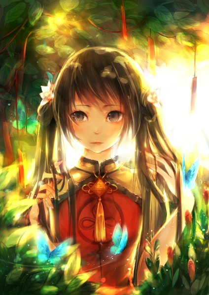 Anime picture 2480x3507 with original lu (tabasa1991) single long hair tall image looking at viewer highres black hair twintails black eyes girl dress flower (flowers) leaf (leaves) insect butterfly
