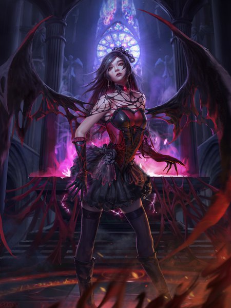 Anime picture 1080x1440 with original sarena single long hair tall image fringe black hair red eyes standing looking away lips realistic demon wings gothic girl thighhighs dress gloves hair ornament black thighhighs
