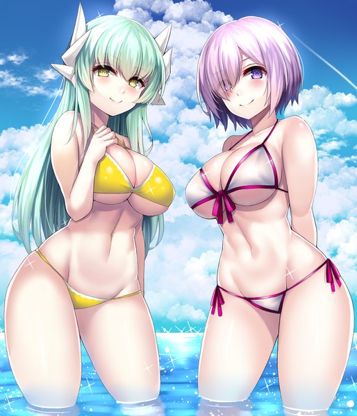 Anime picture 1617x1887 with fate (series) fate/grand order mash kyrielight kiyohime (fate) mash kyrielight (swimsuit of perpetual summer) kiyohime (swimsuit lancer) (fate) syow (syoutamho) long hair tall image looking at viewer blush fringe short hair breasts light erotic smile hair between eyes large breasts standing purple eyes