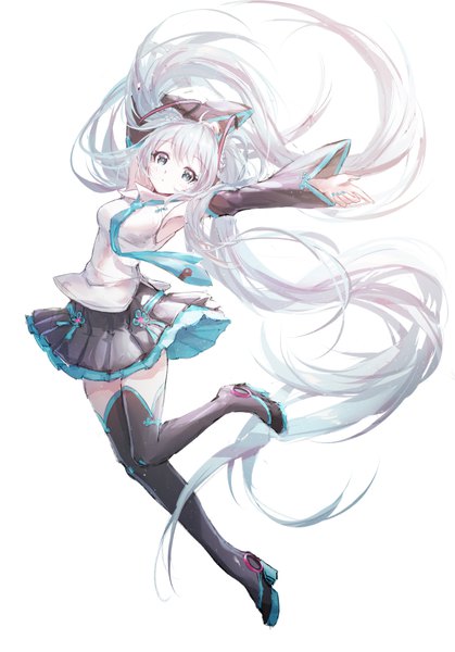 Anime picture 698x1000 with vocaloid hatsune miku lengchan (fu626878068) single tall image looking at viewer fringe simple background white background twintails silver hair full body bent knee (knees) long sleeves very long hair nail polish pleated skirt wide sleeves grey eyes high heels