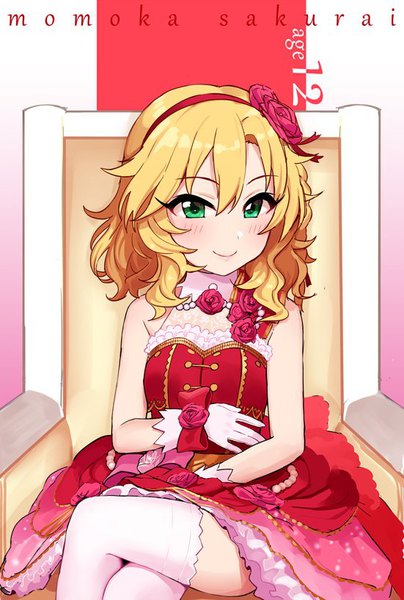 Anime picture 551x818 with idolmaster idolmaster cinderella girls idolmaster cinderella girls starlight stage sakurai momoka omaru gyuunyuu single tall image looking at viewer blush fringe short hair blonde hair smile hair between eyes sitting green eyes braid (braids) sleeveless character names crossed legs