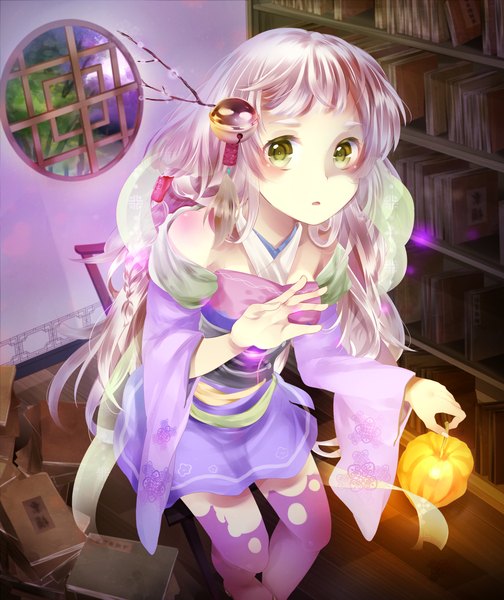 Anime picture 1544x1836 with original ichika (krone1) single long hair tall image looking at viewer bare shoulders yellow eyes white hair girl dress book (books) bell chair jingle bell lamp shelf bookshelf