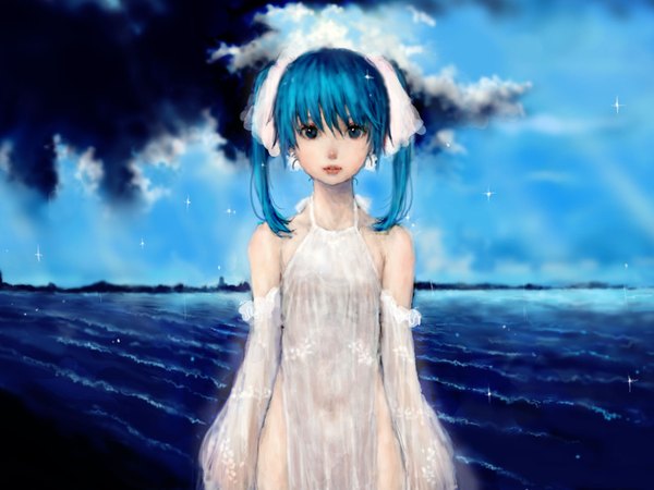 Anime picture 1600x1200 with original pon00000 (pixiv) single fringe short hair blue eyes light erotic twintails bare shoulders blue hair sky short twintails girl detached sleeves sea