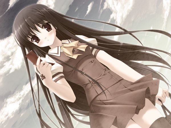 Anime picture 1600x1200 with natsu no ame segawa rikako kanekiyo miwa single long hair black hair game cg sky cloud (clouds) puffy sleeves girl thighhighs uniform school uniform mobile phone trinket