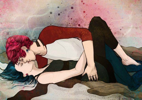 Anime picture 1063x752 with original bulgolgi long hair short hair signed blue hair red hair lying eyes closed barefoot on back tattoo hand on hip couple hug piercing leg lift (legs lift) kiss sitting on person girl
