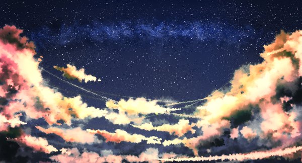 Anime picture 1200x650 with original aya (star) wide image sky cloud (clouds) night night sky landscape milky way star (stars)