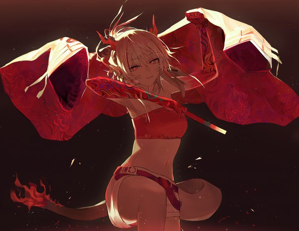 Anime picture 1132x877 with arknights nian (arknights) koio single long hair looking at viewer smile red eyes white hair ponytail tail horn (horns) pointy ears midriff black background dragon girl dragon tail girl shorts short shorts