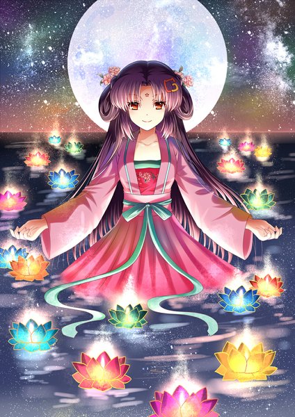 Anime picture 800x1131 with original riyun single long hair tall image looking at viewer red eyes purple hair light smile girl dress hair ornament flower (flowers) moon