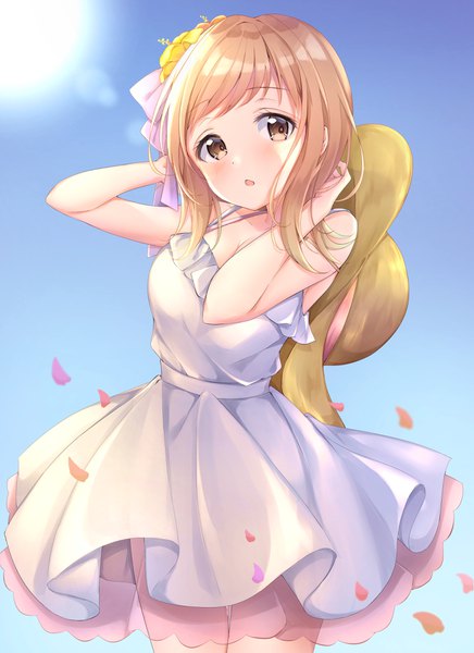 Anime picture 2910x4000 with idolmaster idolmaster shiny colors sakuragi mano poe (528yuzunon) single tall image looking at viewer blush fringe highres open mouth blonde hair standing bare shoulders brown eyes sky outdoors head tilt sunlight arms up
