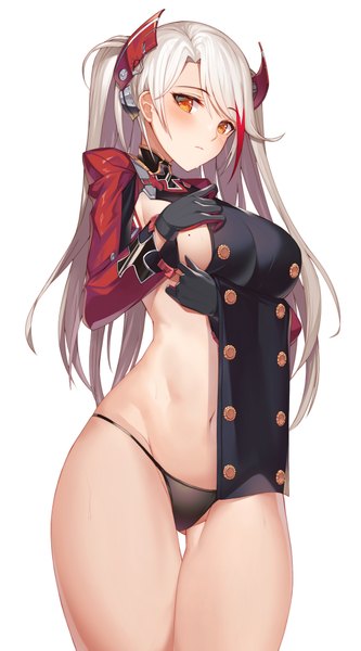 Anime picture 1200x2159 with azur lane prinz eugen (azur lane) btraphen single long hair tall image looking at viewer blush fringe breasts light erotic simple background hair between eyes large breasts standing white background brown eyes payot silver hair long sleeves