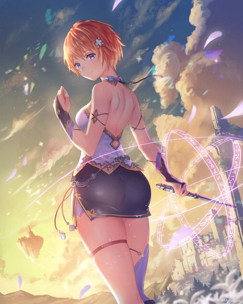Anime picture 2048x2560 with shinma x keishou! ragnabreak anbe yoshirou single tall image looking at viewer blush fringe highres short hair breasts blue eyes smile hair between eyes standing holding sky cloud (clouds) outdoors looking back wind