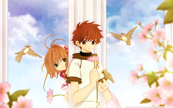 Anime picture 1920x1200 with tsubasa reservoir chronicle clamp sakura hime syaoran owaranai kiss (sygnet) highres short hair brown hair wide image brown eyes sky cloud (clouds) ahoge depth of field third-party edit peeking girl boy flower (flowers) animal