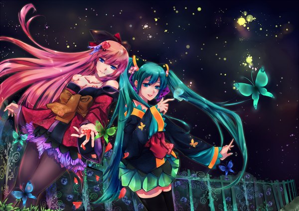 Anime picture 1600x1131 with vocaloid hatsune miku megurine luka kairuru (artist) long hair blue eyes twintails bare shoulders multiple girls red hair green hair night outstretched arm girl dress flower (flowers) 2 girls insect butterfly