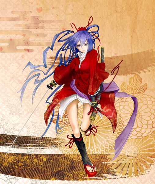 Anime picture 1709x2022 with niou kaoru long hair tall image highres blue eyes blue hair girl hair ornament weapon sword fingerless gloves katana sandals