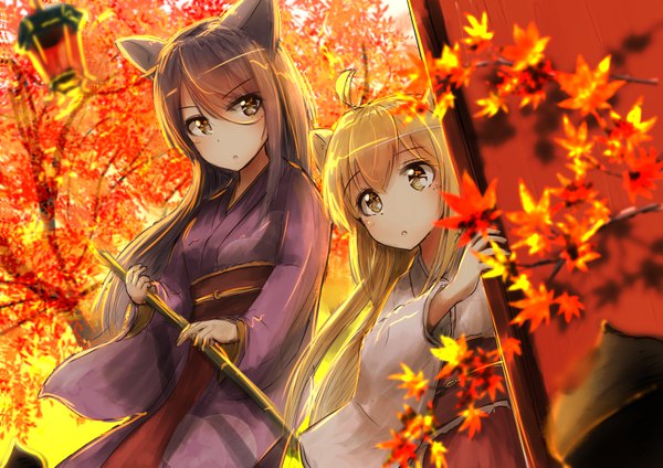 Anime picture 7016x4961 with konohana kitan yuzu (konohana kitan) satsuki (konohana kitan) megumi okaasan long hair fringe highres blonde hair hair between eyes brown hair standing multiple girls brown eyes animal ears blue hair looking away absurdres ahoge outdoors long sleeves