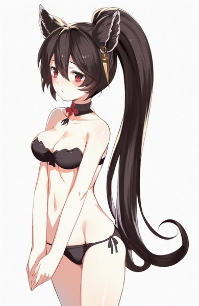 Anime picture 868x1336 with granblue fantasy nier (granblue fantasy) gin00 single long hair tall image looking at viewer fringe breasts light erotic black hair simple background hair between eyes red eyes large breasts standing white background bare shoulders animal ears cleavage