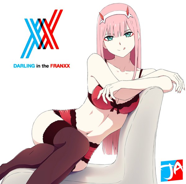 Anime picture 1383x1376 with darling in the franxx studio trigger zero two (darling in the franxx) j adsen (gh05t) single long hair looking at viewer fringe breasts light erotic simple background smile hair between eyes white background sitting bare shoulders signed payot pink hair cleavage