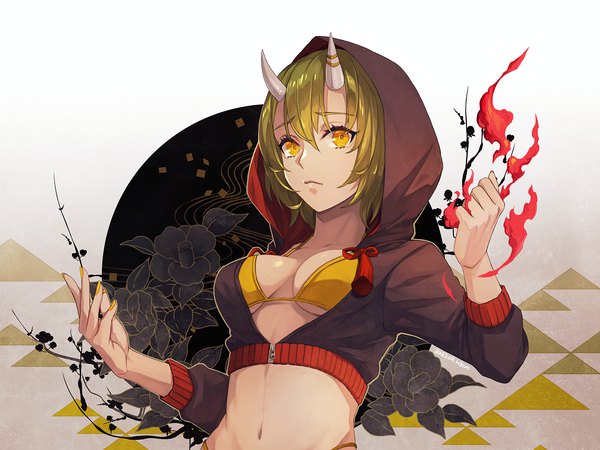 Anime picture 1600x1200 with original rokuo016 single fringe short hair breasts light erotic hair between eyes yellow eyes upper body nail polish horn (horns) green hair underboob partially open clothes oni horns oni girl navel hood
