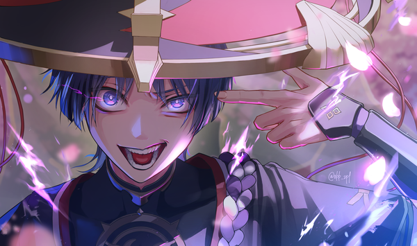 Anime picture 3900x2307 with genshin impact scaramouche (genshin impact) bibi (obb spl) single looking at viewer highres short hair black hair smile wide image purple eyes absurdres upper body electricity crazy smile crazy eyes finger gun boy hat