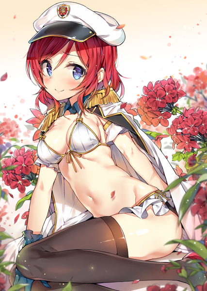 Anime picture 847x1190 with love live! school idol project sunrise (studio) love live! nishikino maki yuran (cozyquilt) single tall image looking at viewer blush short hair breasts blue eyes light erotic smile red hair girl thighhighs uniform flower (flowers) swimsuit