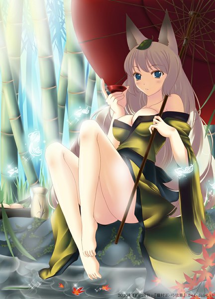 Anime picture 800x1111 with oboro muramasa (game) vanillaware yuzuruha kaho okashii single long hair tall image blush blue eyes light erotic bare shoulders animal ears traditional clothes japanese clothes grey hair legs bamboo forest girl plant (plants) tree (trees)
