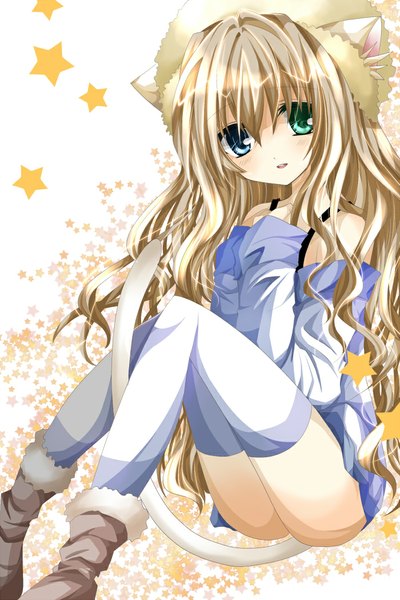 Anime picture 700x1050 with original nanase nao single long hair tall image looking at viewer blonde hair animal ears tail animal tail cat ears cat girl cat tail heterochromia girl thighhighs dress shoes star (symbol)