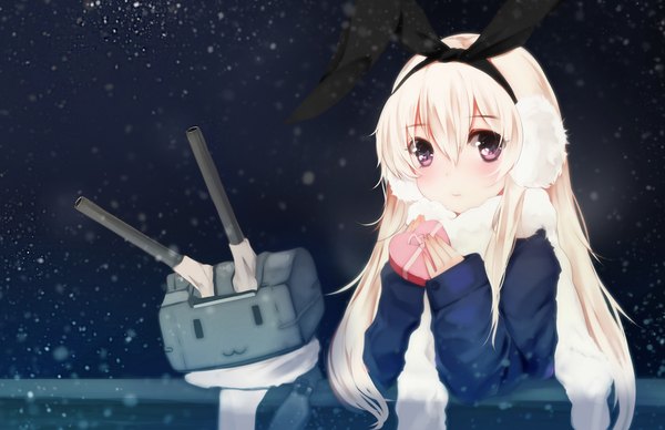 Anime picture 1852x1200 with kantai collection shimakaze destroyer rensouhou-chan bba1985 single long hair looking at viewer highres purple eyes white hair black background valentine girl bow weapon hair bow jacket