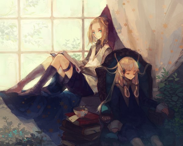 Anime picture 1102x883 with original wakatsuki (etoiles) long hair short hair blonde hair smile sitting eyes closed aqua eyes boy plant (plants) socks shorts window book (books) black socks vest cup armchair