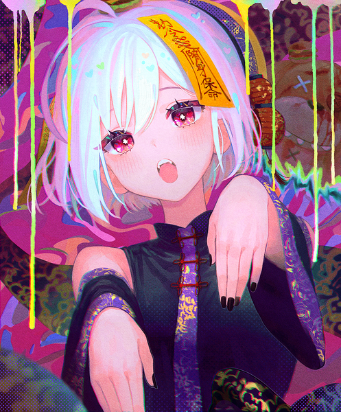 Anime-Bild 800x965 mit original fymrie single tall image looking at viewer blush fringe short hair open mouth upper body ahoge white hair nail polish head tilt pink eyes multicolored hair fingernails inscription wide sleeves arms up