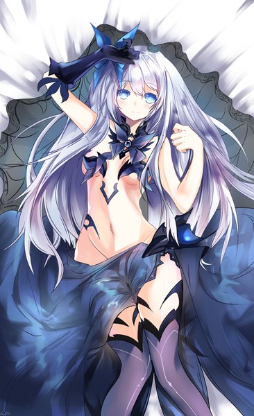 Anime picture 2400x3925 with date a live tobiichi origami h.pn single long hair tall image looking at viewer blush fringe highres breasts blue eyes light erotic hair between eyes silver hair lying from above light smile on back dakimakura (medium)