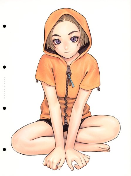 Anime picture 1280x1720 with futurhythm (artbook) range murata single tall image looking at viewer short hair simple background brown hair white background sitting purple eyes full body barefoot fingernails scan short sleeves expressionless indian style toenails girl