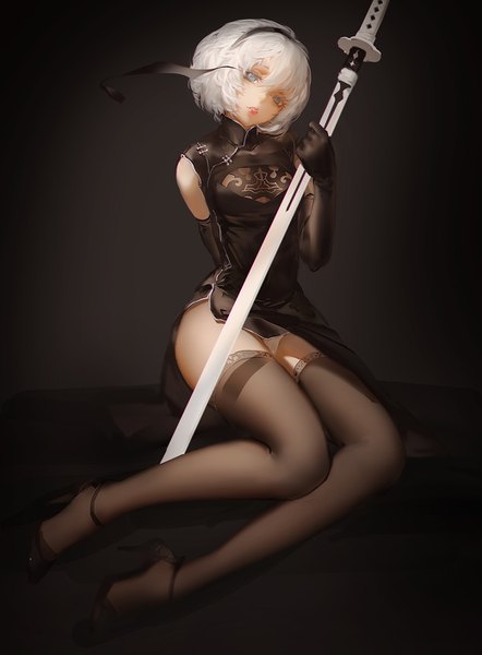 Anime picture 1040x1410 with nier nier:automata yorha no. 2 type b blackrabbitsoul single tall image looking at viewer fringe short hair blue eyes light erotic black hair sitting white hair traditional clothes parted lips head tilt high heels alternate costume chinese clothes