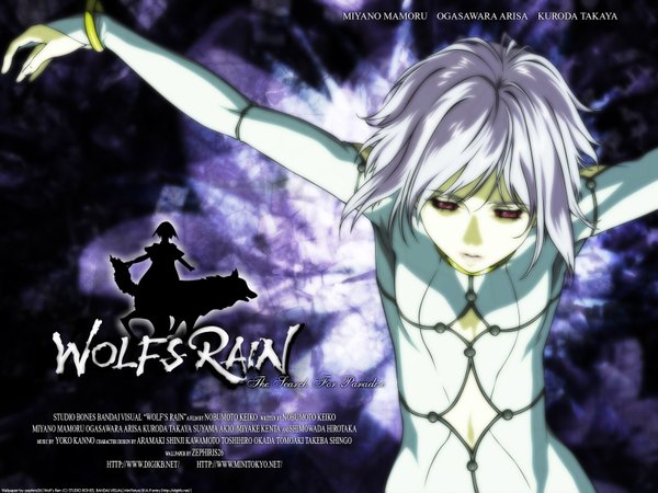 Anime picture 1600x1200 with wolfs rain studio bones cheza single short hair red eyes purple hair inscription girl bodysuit