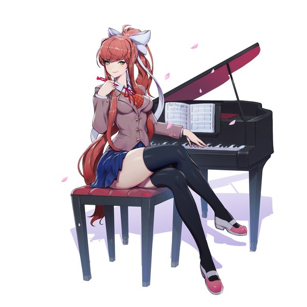 Anime picture 1920x1920 with doki doki literature club monika (doki doki literature club) paul (shiramune) single long hair looking at viewer blush fringe highres breasts simple background smile white background sitting holding green eyes payot full body ponytail blunt bangs