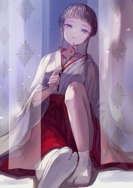 Anime picture 636x900 with euphoria (clockup) manaka nemu baicha oqqa single tall image looking at viewer fringe short hair blue eyes blonde hair sitting holding payot full body bent knee (knees) blunt bangs traditional clothes head tilt japanese clothes wide sleeves