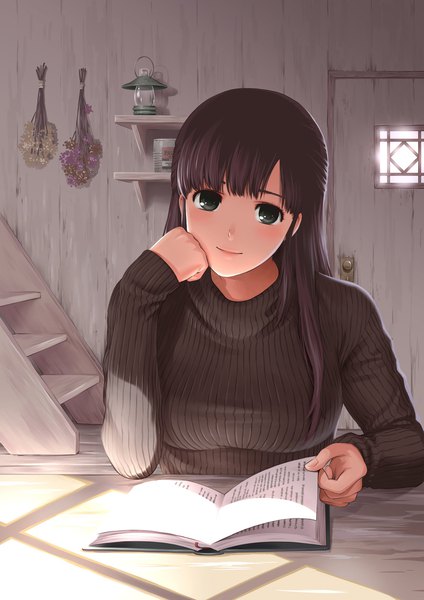 Anime picture 1449x2048 with domestic na kanojo tachibana hina sasuga kei single long hair tall image looking at viewer fringe breasts brown hair sitting green eyes upper body indoors official art half updo head rest girl book (books) sweater
