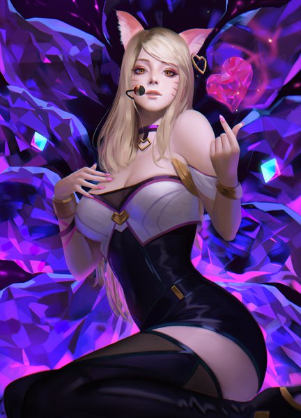 Anime picture 2159x3000 with league of legends k/da (league of legends) ahri (league of legends) k/da ahri thaumazo single long hair tall image looking at viewer fringe highres breasts blonde hair large breasts sitting bare shoulders yellow eyes nail polish parted lips fingernails