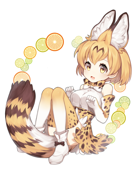 Anime picture 1000x1333 with kemono friends serval (kemono friends) cao hong anh single tall image short hair simple background blonde hair white background animal ears yellow eyes full body tail animal tail cute girl thighhighs gloves elbow gloves