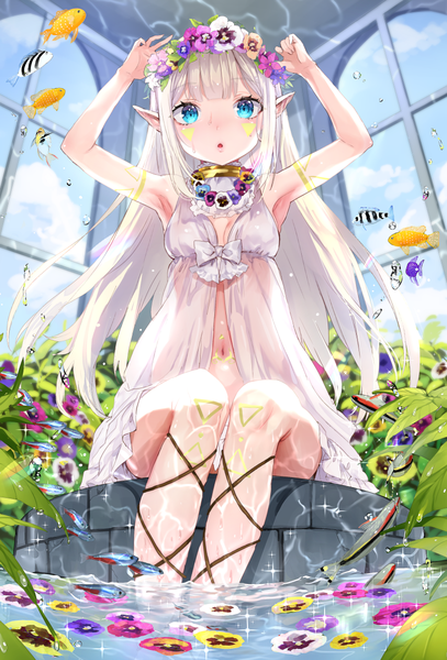 Anime picture 800x1178 with original nekometaru single long hair tall image looking at viewer fringe blue eyes light erotic sitting sky cleavage silver hair head tilt pointy ears sparkle armpit (armpits) soaking feet girl navel