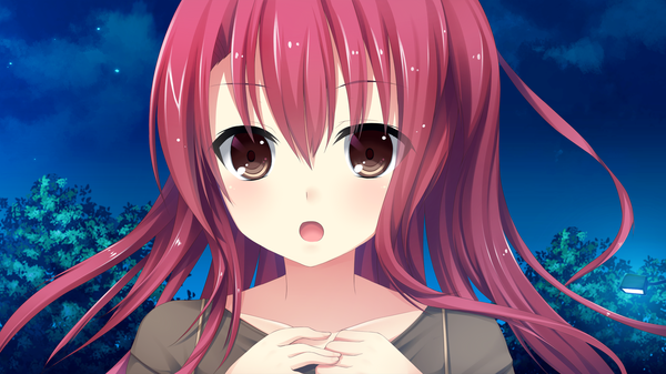 Anime picture 2560x1440 with otonari koi sensou! akamine yui single long hair looking at viewer highres open mouth wide image brown eyes pink hair game cg night girl